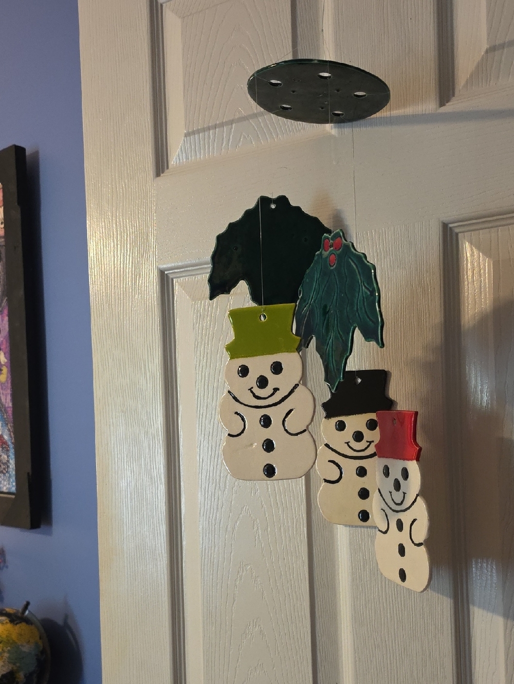 Holiday Snowmen Hanging Wind Chime Holly Ceramic